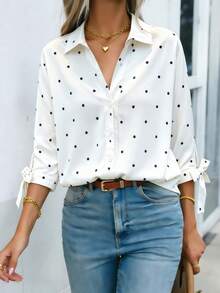 Women's 3/4 Sleeve Button-Up Polka Dot Shirt With Turn-Down Collar & Tie Cuff Detail – Versatile Casual-Business Blouse For Office, Commute, Home & Everyday Wear, Spring Summer Fall Vacation - White - View 5