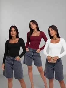 Set Of 3 Women's Second Skin Baby Look Blouses, Long Sleeve, Square Neck, Basic Shaping, Soft Supplex Fabric, Lined, Elastic, Premium Casual Fashion, Versatile, - 黑-酒-白 - 查看 1