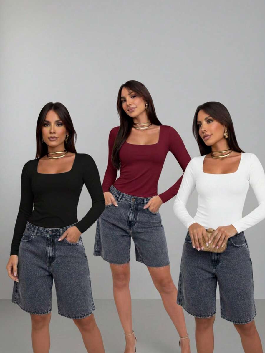 Set Of 3 Women's Second Skin Baby Look Blouses, Long Sleeve, Square Neck, Basic Shaping, Soft Supplex Fabric, Lined, Elastic, Premium Casual Fashion, Versatile, - 黑-酒-白 - 查看 1