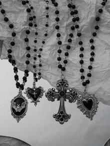 Gothic Bat Cross Dark Pendant Necklace Set, Y2K Personalized Thorn Heart Black Beaded Layered Necklace Set, Suitable For Halloween Wear - Black - View 2