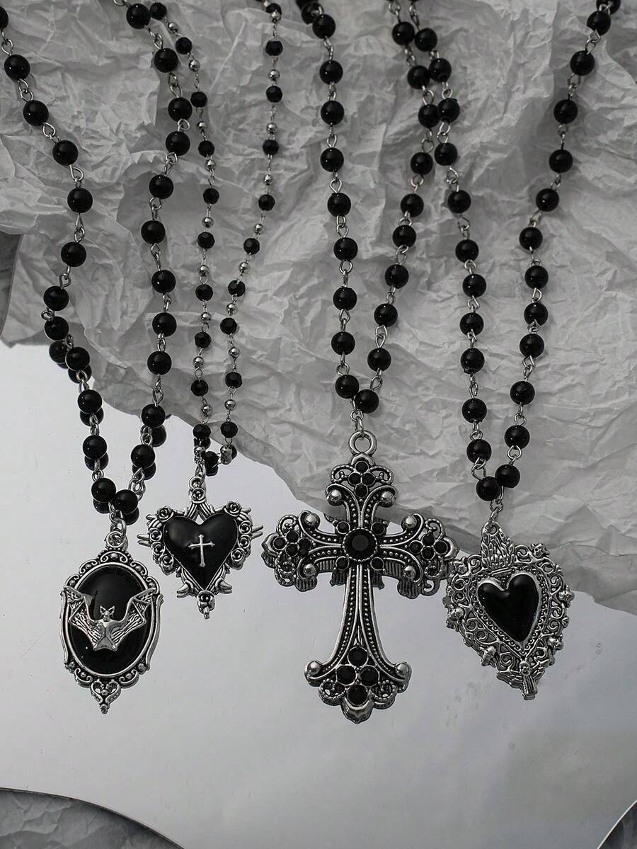 Gothic Bat Cross Dark Pendant Necklace Set, Y2K Personalized Thorn Heart Black Beaded Layered Necklace Set, Suitable For Halloween Wear