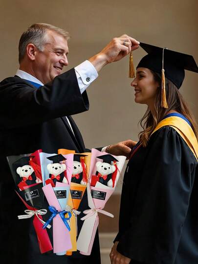 1个毛绒泰迪熊花束，毕业季礼物花束，毕业派对装饰，毕业惊喜礼物，毕业纪念泰迪熊花束，毕业照道具，返校小礼物，毕业派对用品，送给学生/同学的毕业礼物