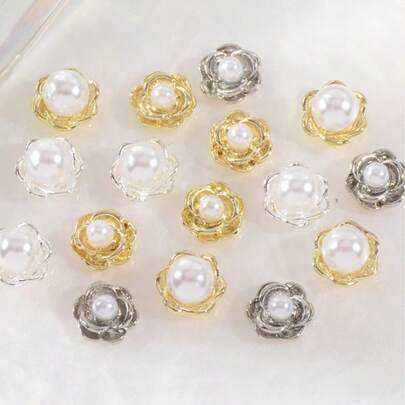 20个/包 奢华山茶花贝壳珍珠美甲饰品，合金花朵贝壳美甲装饰，优雅风格DIY美甲配件