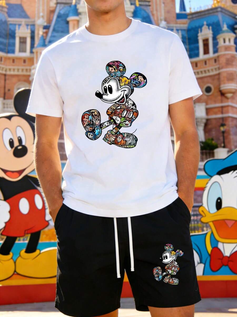 Disney Mickey Mouse Collage Print White Casual Two-Piece Set - Casual T-Shirt & Shorts Outfit. Printed T-Shirt. Men's Wear. Shorts. Men's Two-Piece Set. - màu đen - Xem 1