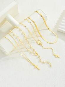 4pcs Y-Shaped Necklace Set - Elegant Vintage Geometric Faux Pearl Cross Embossed Texture Religious Element Snake Chain Tassel Pendant Necklace, Fashionable Minimalist Vintage Design, Suitable For Holidays, Parties, Dates, Gifts, Daily Wear - Multicolor - View 5