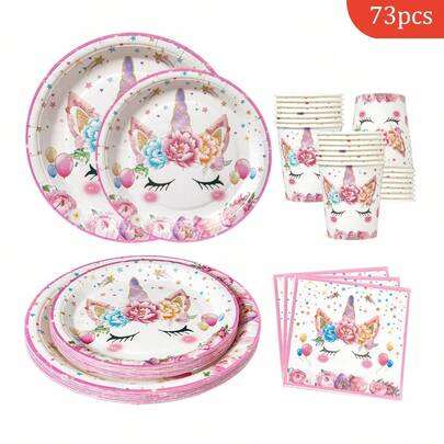 花朵独角兽一次性餐盘、餐巾纸、杯子，16人份派对用品套装，一次性纸盘，派对餐具，适用于生日、婚礼、主题派对、家庭野餐