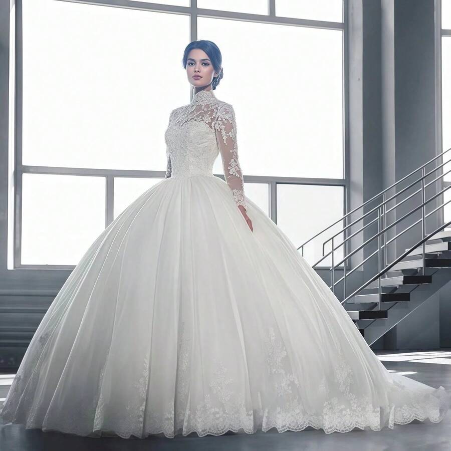 Elegant Sexy Long Sleeves Lace Appliqué A Line Tulle Formal Wedding Dress,Registry Office Dresses Bridal Gown,Evening Party Dress Birthday Party Dress Country Wedding,Romantic Church Ceremony Wedding Dress,Suitable For Wedding,Dating,Party,Singles' Party,Vacation,Formal Occasions,Dinner Dress,Prom Dress,Homecoming Dess,Cocktail Party,Wedding Guest Dress,Graduation - 白色 - 查看 1