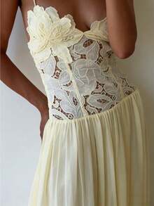 Sexy Spice Girl Casual Vacation Wind Embroidery Water Soluble Lace Hollow Splicing Chiffon Suspender Dress - 黃色 - 查看 6