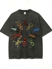 Summer Tops, Washed Cotton, Dancing Frog Feast Print T-Shirt, High-Quality Batik Cotton Vintage Fashion Brand T-Shirt, Unisex T-Shirt, Popular Daily Wear T-Shirt, Holiday Gift, Perfect Present - 黑色 - 查看 11