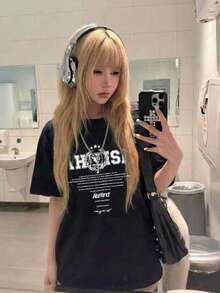 Áo thun ngắn tay unisex phong cách đường phố Mỹ, dáng rộng, thoải mái, đa năng, màu đen mới, in chữ tiếng Anh cá nhân hóa, thích hợp cho học sinh/người đi làm, mùa hè 2026. - màu đen - Xem 1