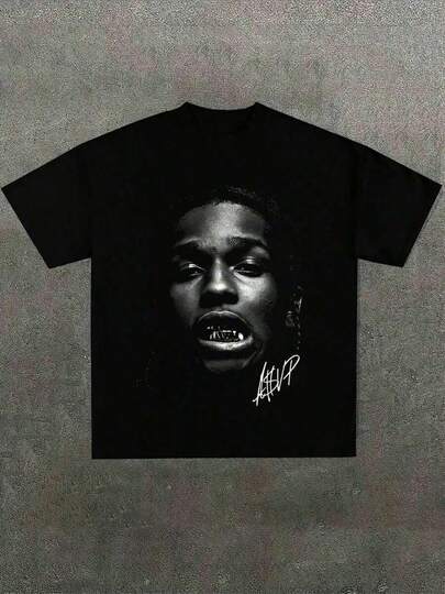 Men's Plus Size Black ASAP Rocky Graphic Tee, Unique Style, Y2K, Urban Style, Digital Print, 100% Cotton Casual Tee, Ideal Halloween Gift.
