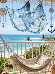 1pc Fishing Net Decor, Suitable For Parties, Starfish & Shell Fishing Net Decoration, Natural Cotton Fishing Net Wall Decor, Hawaiian Party Fishing Net Decor, Fishing Net Party Supplies And Ocean Theme Wall Decoration, Suitable For Hawaiian, Party, Home Decor And Boho Style Decoration - Blue - View 5