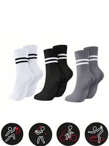 3 Pairs Unisex Sports & Yoga Mid-Calf Socks, Random Colors, Pilates Socks With Grip For Women, Non-Slip Socks Suitable For Barre, Hospital, Exercise, Slippers - Multicolor - View 7