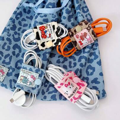 SANRIO Cute Leopard Print Denim Fabric Cable Organizer, Makeup Brush Holder, Pen Cup, Charging Cable Storage Pouch, Desk Decor To Add Color