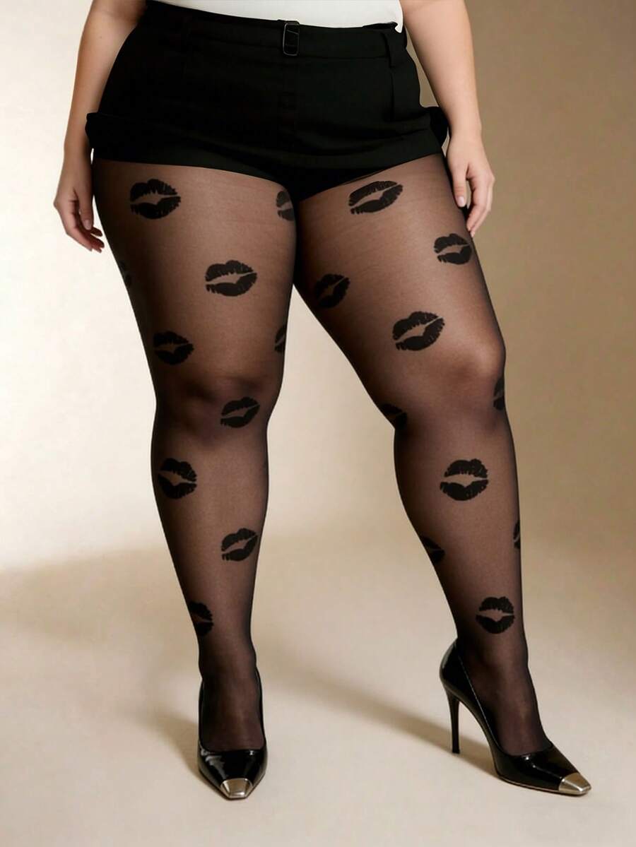 1 Pair Plus Size Black Sheer Stockings With Sexy Black Lip Print Pattern, Suitable For Daily Wear - Black Lips - View 1