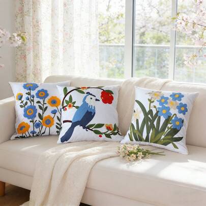 1pc Pastoral Style Embroidered Bird & Flower Decorative Pillow Cover, Canvas Embroidery Cushion Case, Suitable For Sofa & Bedroom, Without Pillow Insert, Sold Individually