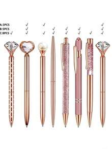 3支/5支/8支装1毫米玫瑰金闪光金属人造钻石圆珠笔，是馈赠亲友、同学、学生、派对用品、婚礼用品、办公学习用品的完美之选。 - A - 查看 1