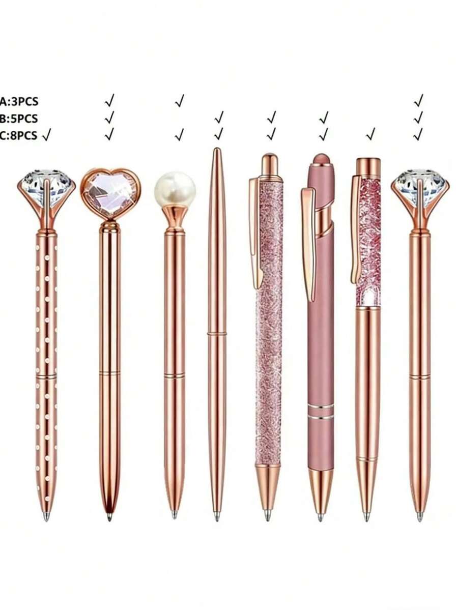 3支/5支/8支装1毫米玫瑰金闪光金属人造钻石圆珠笔，是馈赠亲友、同学、学生、派对用品、婚礼用品、办公学习用品的完美之选。 - A - 查看 1