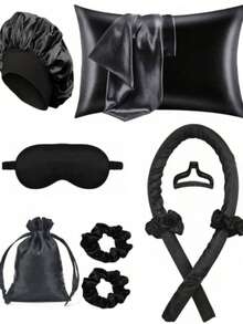 Bộ dụng cụ tạo kiểu tóc khi ngủ 10 món, bao gồm 1 máy uốn tóc và 1 vỏ gối lụa, bộ chăm sóc tóc và da thiết yếu dành cho phụ nữ, uốn tóc không cần nhiệt, uốn tóc qua đêm, 1 mặt nạ ngủ mềm mại, 1 mũ ngủ lụa, bộ dụng cụ chăm sóc giấc ngủ thiết yếu - màu đen - Xem 12