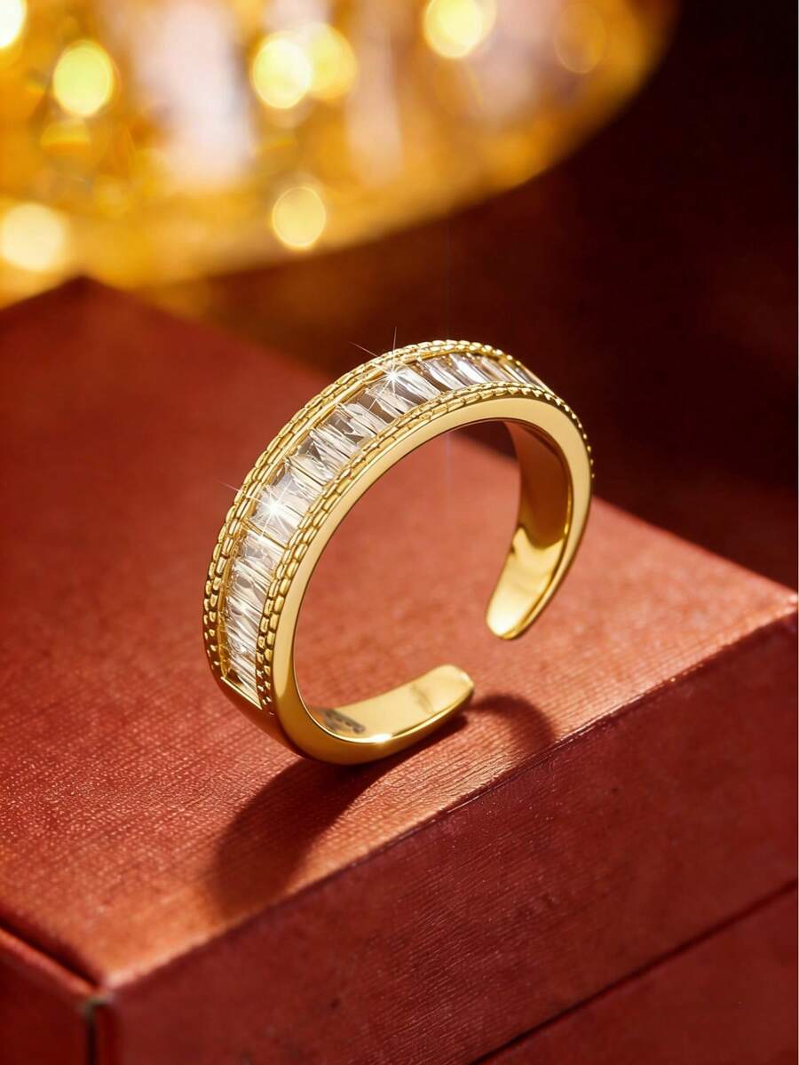 1枚奢华T形钻石开口戒指，独特简约优雅设计，百搭通勤配饰 - 開口戒指 - 查看 1