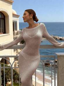 FOR BEAUTY 女士夏季新款纯色卡其色修身性感露背简约优雅针织长袖连衣裙，适合海滩、狂欢节、新年、度假、波西米亚风、性感、女士罩衫、夏季女装 - 卡其色 - 查看 6