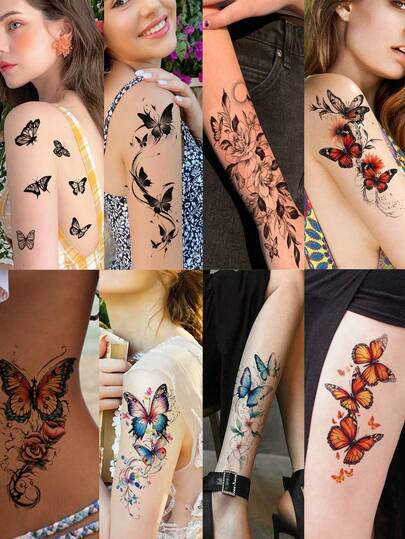 1 pieza Tatuaje temporal de mariposa colorida y sirena, diseño de arte corporal, ideal para decoración de fotos, festivales de música, fácil de aplicar y retirar, gran regalo