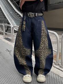 1pc Justice Brother Casual High Street Niche Design Leopard Print Patchwork Men's Blue Denim Jeans, Versatile Loose Fit Wide Leg Pants, All Season - Blue - View 9