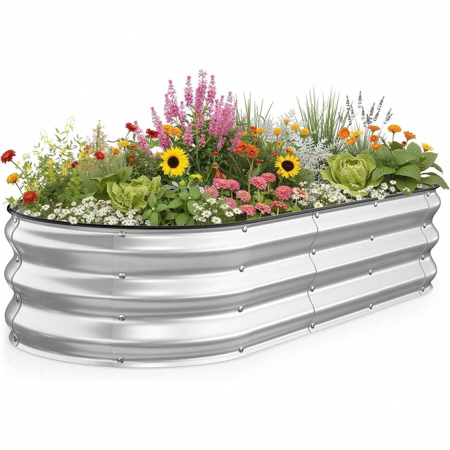 Kesfitt Raised Garden Bed, 4x2x1 FT Galvanized Steel Metal Raised Garden Bed, Oval Open-Bottom Design, 12-Inch Deep For Outdoor Vegetable & Herb Gardening, Forest Green - Silver - 查看 1