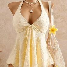 2026 European & American Style Lace Bikini, Halter Tie Ruffle Hem Tummy Control Two Piece Swimsuit For Hot Spring & Beach - Yellow - View 2