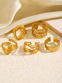 4 pezzi/5 pezzi Set di anelli in acciaio inossidabile placcato oro 18K con linee geometriche minimaliste ed eleganti e motivi a foglia ovale, adatti per uso quotidiano, festival, feste, shopping, appuntamenti, regalo di gioielli chic per le donne - Multicolore - Visualizzare 8