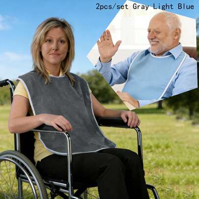 2pcs/Set Light Blue + Gray Elderly Bibs, Soft, Dirt-Resistant And Easy To Clean, Round Neck Design For Comfortable Fit, Stain And Leak Resistant, Adult Meal Bibs, Suitable For Home Care, Wheelchair Use, And Daily Meals