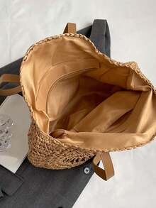 1pc Large Round Straw Tote Bag, Woven Beach Shoulder Bag With PU Leather Strap, Lightweight Boho Style Casual Handbag, Suitable For Summer Vacation, Travel, Shopping, Daily Use, For Women/Girls/Young Adults, Suitable For Beach/Resort/Seaside/Travel - Brown - View 4