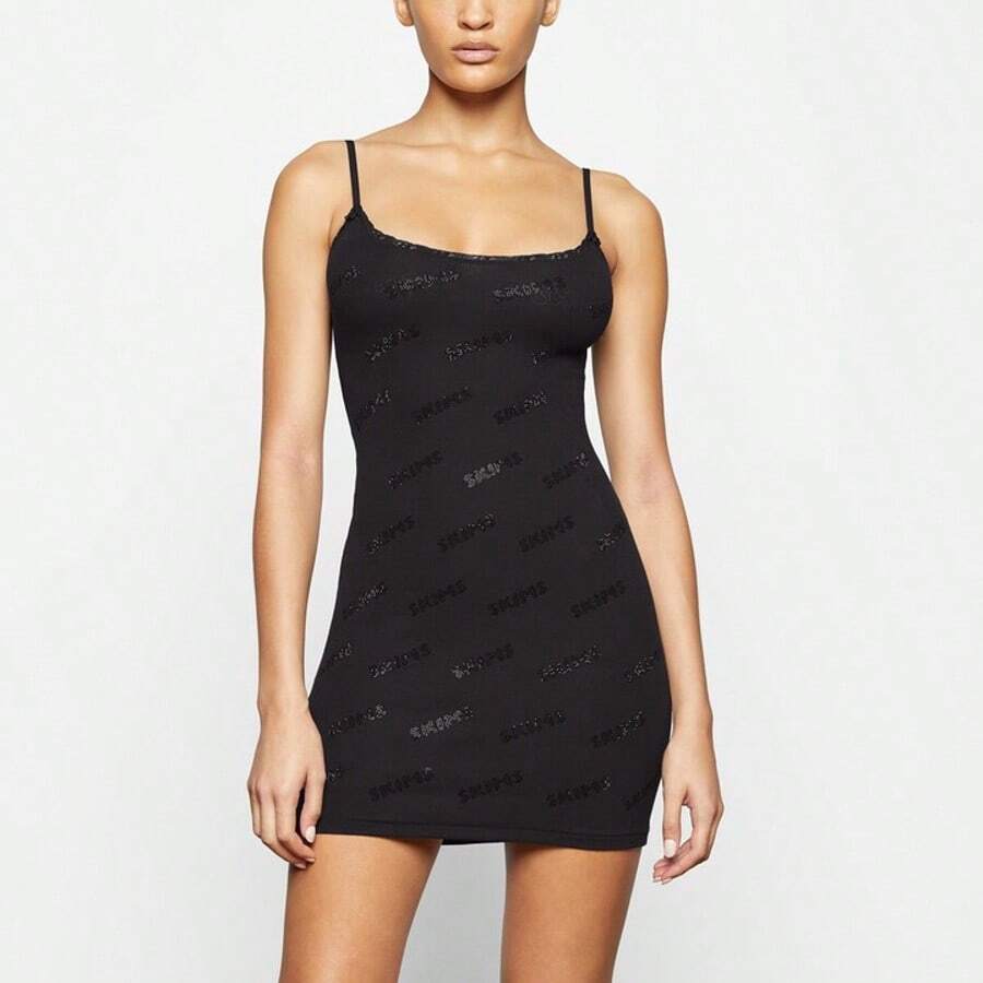 SKIMS Rhinestone Logo Pointelle Mini Slip Dress - Authentic Luxury Second-Skin Mini | Viral 2026 Women's Ultra-Soft Sculpting Pointelle Dress | Premium Buttery-Soft Signature Fabric With Crystal Branding | Iconic Lightweight Everyday Essentials | Chic Y2K Aesthetic Lounge Dress - màu đen - Xem 1