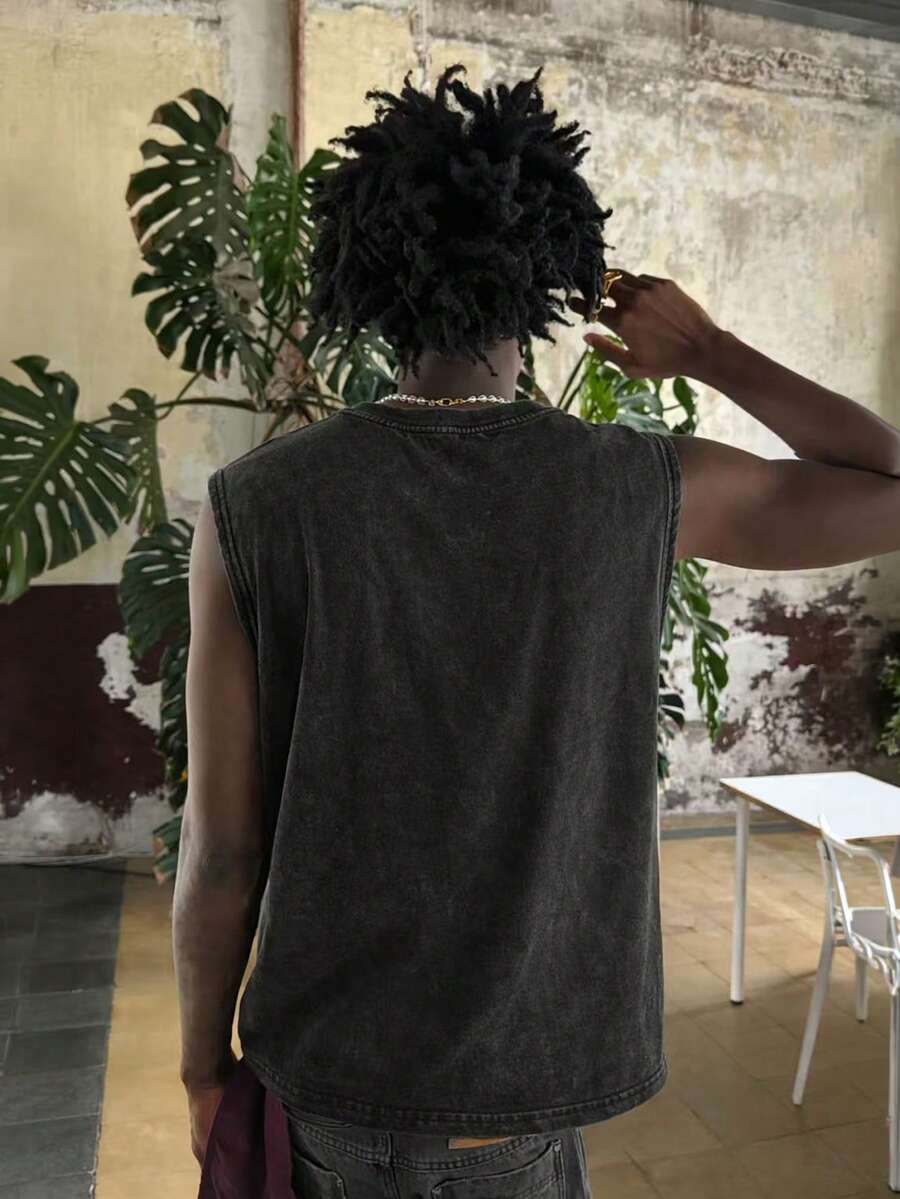 INFLATION Distressed Washed Cotton Sleeveless T-Shirt, Brand For Men, Summer - Black - View 1
