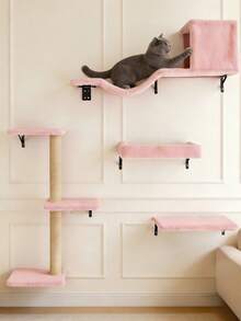 Khung leo trèo bằng gỗ nguyên khối gắn tường cho mèo, trụ cào móng trong nhà cho mèo, đồ chơi cho thú cưng, sử dụng theo mùa, giường treo tường cho mèo, đồ nội thất bằng gỗ gắn tường cho mèo, bệ leo cho mèo - Hồng - Xem 4