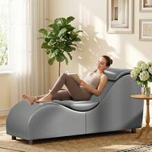 Modern Faux Leather Yoga Chaise Lounge Indoor With Pillow - Grey - View 2