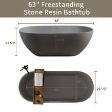 63" Luxury Solid Surface Bathtub, Stone Resin Freestanding Soaking Bathtub With Overflow And Pop-Up Drain For Contemporary Bathroom, Matte Grey GF-23S03-63MG - Grey - View 9