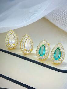 1 Pair/Set Women's Water Drop Shaped Earrings, White & Green Color Cubic Zirconia Inlaid, Minimalist Water Drop Design, Versatile Daily Wear, Suitable For Holidays, Gatherings, Parties, Music Festivals, Gift - Multicolor - View 1