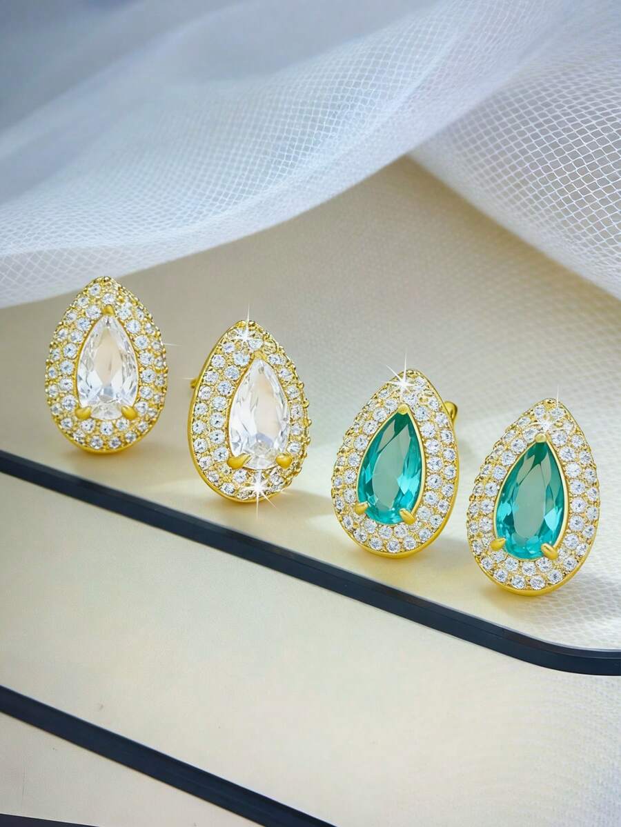 1 Pair/Set Women's Water Drop Shaped Earrings, White & Green Color Cubic Zirconia Inlaid, Minimalist Water Drop Design, Versatile Daily Wear, Suitable For Holidays, Gatherings, Parties, Music Festivals, Gift - Multicolor - View 1