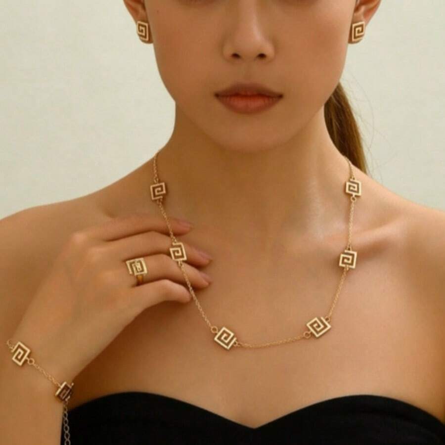 Juego de joyas vintage minimalista chapado en oro de 18K - 4 piezas con patrón geométrico que incluye collar, aretes, pulsera y anillo, adecuado para uso diario y vacaciones - Amarillo Oro - Ver 1