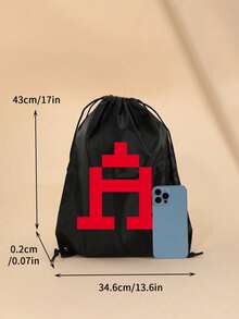 1個復古A-Z像素字母抽繩背包，黑色字母印花背包，休閒黑色運動背包，輕量運動健身學校旅行登山背包 - 黑色 - 查看 3
