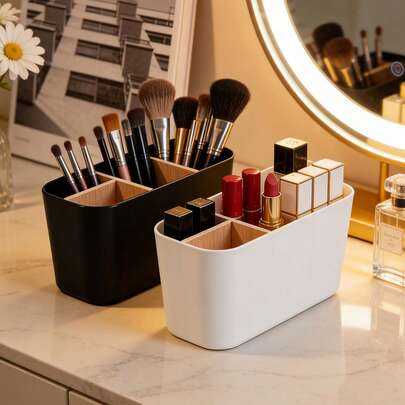 1 pieza Soporte para brochas de maquillaje, Caja de almacenamiento de brochas de maquillaje para escritorio, Diseño antideslizante, Ligero y portátil, Adecuado para escritorio o baño, Diseño ligero y de moda, Opción ideal, Regalo del Día de San Valentín, Suministros de almacenamiento para volver a la escuela