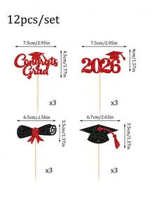 12 piezas Felicitaciones Graduado 2026 Decoraciones para Pastel - Decoraciones de Pastel de Graduación con Diploma y Birrete para Fiesta de Graduación de Escuela Secundaria y Universidad 2026 - negro rojo - Ver 2