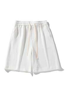 1pc Men's White Contrast Color Drawstring Waist Shorts, Waffle Texture, Breathable Knit Fabric, Comfortable Loose Casual Shorts, Suitable For Daily, Home, And Commute - White - View 5