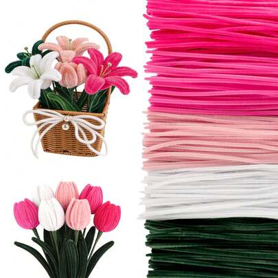 250/270/650 Blue & Pink Pipe Cleaners Craft Set With Video Tutorial , 5 Vibrant Colors Chenille Stems With Floral Stems & Stamens, Perfect For DIY Handmade Flower Bouquets & Creative Art Projects
