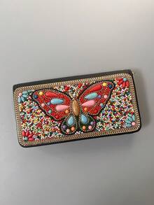 Portefeuille long pour femme, artisanat de perles scintillantes pouvant être utilisé comme pochette de soirée, grande capacité pour ranger le téléphone, l'argent, les clés et autres petits articles, de multiples fentes pour cartes pour organiser différentes cartes, matériau PU de haute qualité avec un toucher doux, portefeuille long avec un motif exquis de papillon et de paon orné de perles, offrant un look premium - Multicolore - Voir 6