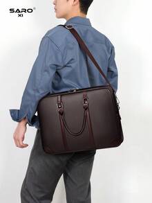 saroxi 男士公文包斜挎包，大容量电脑包，可装文件和办公用品，商务通勤，PU皮革简约风格，男士礼物 - 棕色 - 查看 4