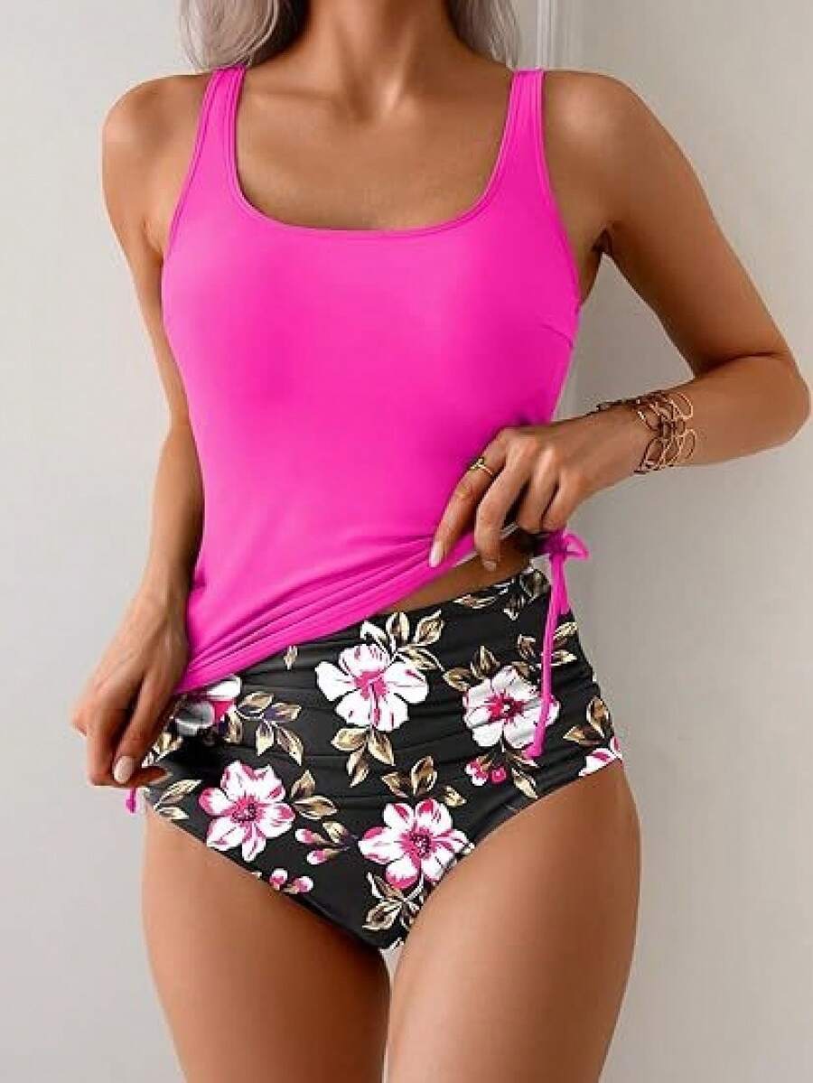 Conjunto de bikini de 2 piezas con estampado, cintura alta y fruncido, estilo europeo - Magenta - Ver 1