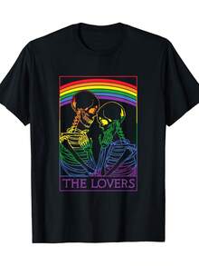 Camiseta de Algodón 100% 180g con Diseño de Esqueleto y Bandera Arcoíris del Orgullo LGBT para Amantes - Negro - Ver 1