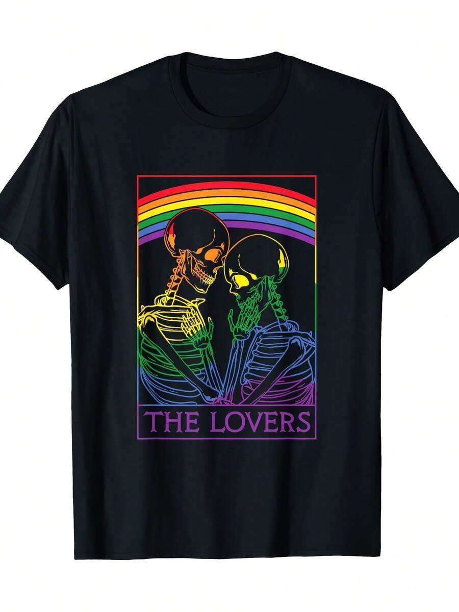 Camiseta de Algodón 100% 180g con Diseño de Esqueleto y Bandera Arcoíris del Orgullo LGBT para Amantes - Negro - Ver 1